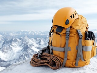 Yellow hiking backpack with helmet, rope, and gear placed on snowy mountain peak with panoramic view of alpine landscape.

