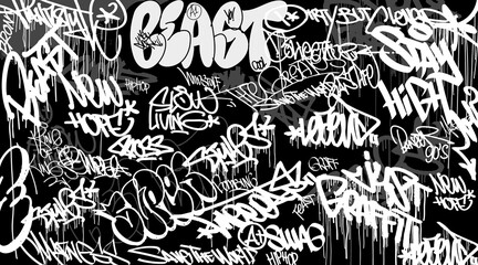 Graffiti background with throw-up and tagging hand-drawn style. Street art graffiti urban theme for prints, banners, and textiles in vector format.