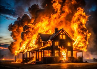 Fiery House Inferno: Nighttime Burning Building Stock Photo