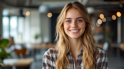 Obraz premium Young woman smiling in a modern workspace setting