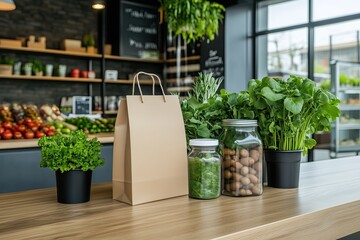 Paper bag with fresh herbs, nuts, and greens in jars on a wooden counter inside a modern organic grocery store

