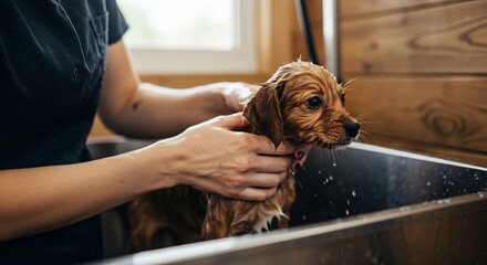 優しく洗う子犬 温かい光とぬくもり 幸せな時間