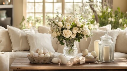 Sunlit home decor featuring soft, neutral tones with seasonal Easter decorations, including a fresh floral arrangement