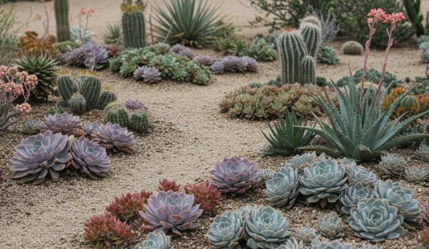 Succulent garden featuring various cacti and desert plants. Represents eco-friendly, sustainable gardening concepts.