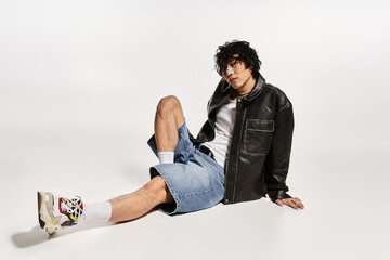Nonchalant vibe asian model poses elegantly in studio wearing trendy outfit