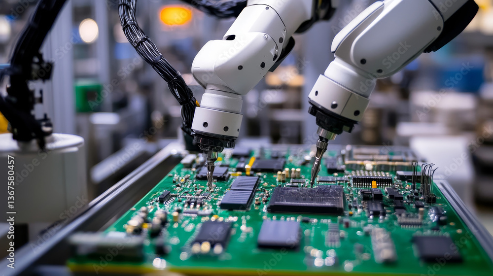Poster fully automated modern pcb assembly line equipped with advanced high precision robot arms at bright 