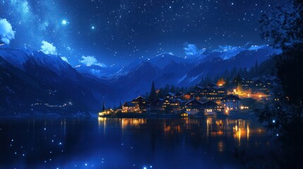 Fototapeta premium Night scene of a village nestled beside a lake, surrounded by majestic snow-capped mountains under a vibrant starry sky.