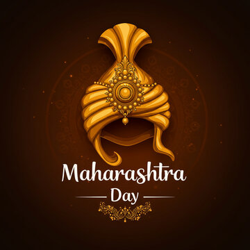 Maharashtra Day Greeting with Traditional Golden Maharashtrian Turban (Pheta)