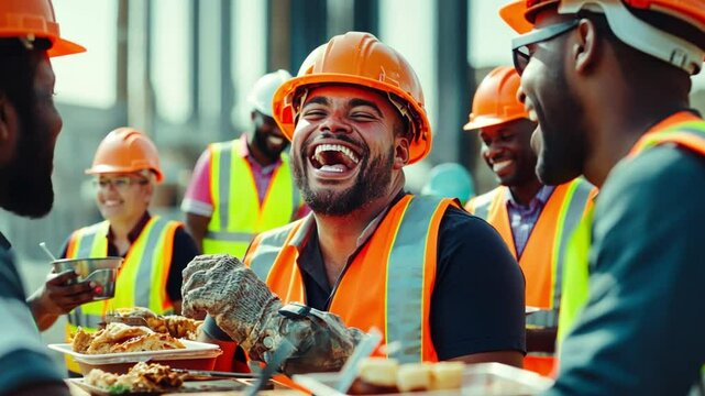 Joyful Construction Crew: A group of construction workers, clad in orange safety vests and helmets, share a hearty laugh amidst a break, capturing the camaraderie and spirit of teamwork.