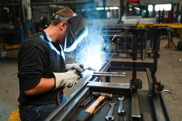 Caucasian male adult welding metal in industrial workshop