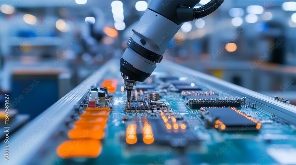 Poster manufacturing automation. advanced high precision robot arms on automated pcb assembly line inside m