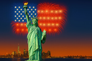 Statue of liberty with american flag fireworks over new york city skyline at dusk