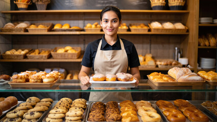 Hispanic female baker holding tray of donuts in cozy bakery shop