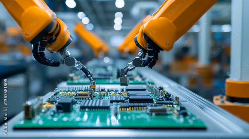 Poster advanced high precision robot arms on fully automated pcb assembly line inside modern electronics fa