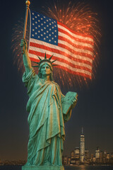 Statue of liberty with american flag and fireworks over new york city skyline