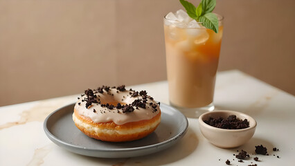 Glazed Donut with Chocolate Cookie Crumbs &ndash; A Decadent Dessert on a Gray Plate
