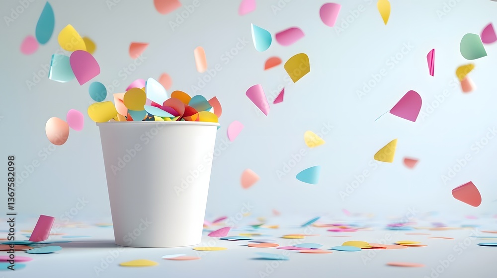 Poster closeup of a scattered arrangement of colorful paper confetti pieces on a clean plain white backgrou