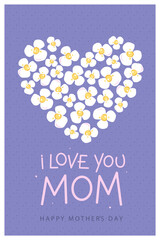 Mother's Day card, banner, poster, label, template. Heart of flowers and phrase I love you, mom. Vector illustration