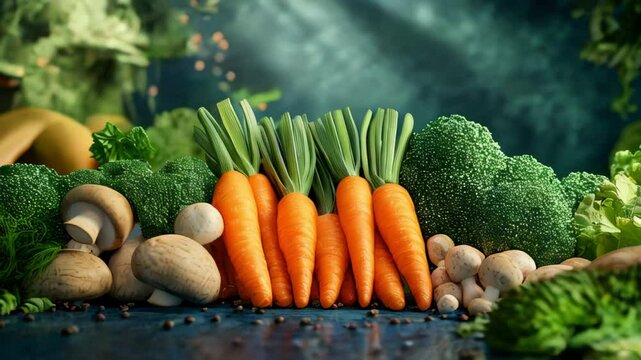 A composition of fresh vegetables. In the center is a row of bright orange carrots, to the left and right of the carrots are piles of fresh champignons.	
