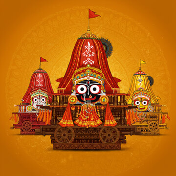 Ornate Jagannath Rath Yatra Chariots Illustration on Mandala Background
