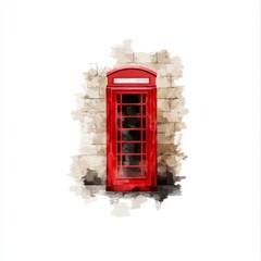 Fototapeta premium Watercolor Style Illustration of a Classic Red Telephone Booth Against Brick Wall