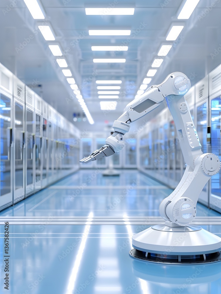 Poster concept of ai powered automation and advanced robotic arms in a clean futuristic industrial warehous