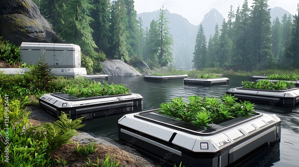 Poster conceptual 3d rendering of a futuristic zero carbon floating city fully powered by renewable energy 