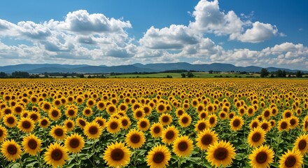 Obraz premium 青空輝く向日葵畑 鮮やか黄色広がる 穏やか風景