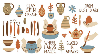 Pottery Workshop Ceramic Studio Elements Set. Flat drawn Clay Craft Hand Vase Pot Equipment Wheel Inscription Bowl Making Stonewere Handicraft products. Vector illustration