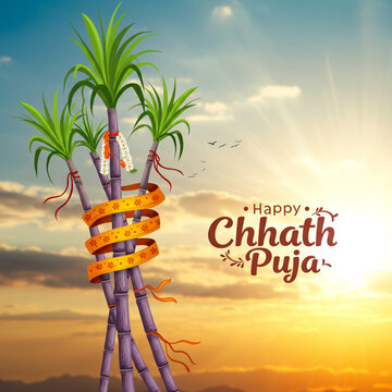 Happy Chhath Puja Banner with Sugarcane Offering against Sunrise Sky