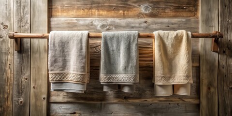 Rustic Wooden Towel Rack with Soft, Textured Bath Towels in Earthy Tones