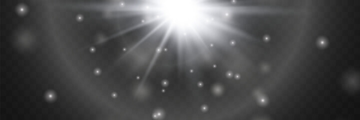 Realistic glare. Sun flare effect with rice. Abstract glow effect for design. Vector.