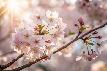 Obraz premium Pink Cherry Blossom in Spring Blooming on Branches with a Beautiful Sky and Sakura Flowers