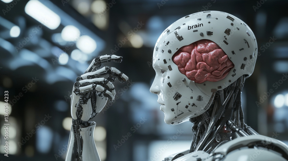 Poster isometric artificial intelligence in robots. technology and engineering. scientists engineer designs