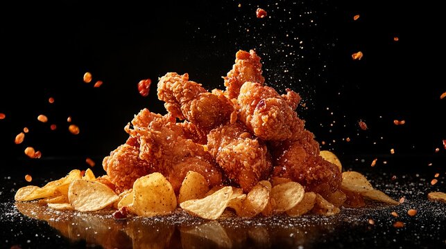 Crispy fried chicken served with French fries and potato chips on an isolated background. The broasted chicken, battered and deep-fried in oil, is golden and crispy.
