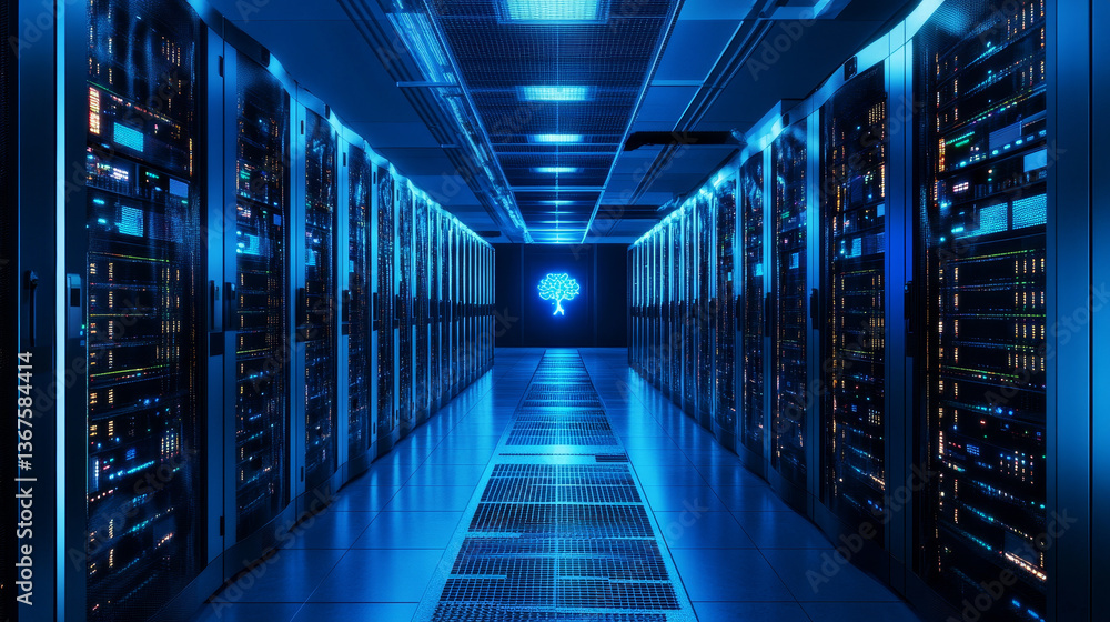 Poster supercomputer and advanced cloud computing concept. white server cabinets inside bright and clean la