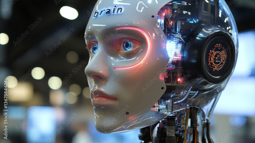 Poster isometric artificial intelligence in robots. technology and engineering. scientists engineer designs