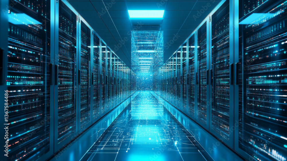 Poster supercomputer and advanced cloud computing concept. white server cabinets inside bright and clean la