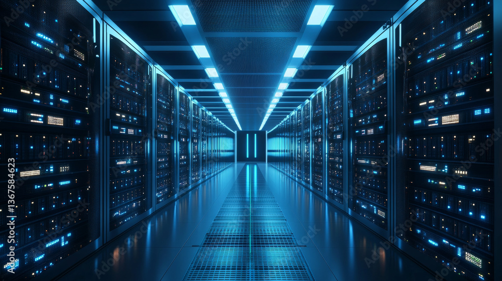 Poster supercomputer and advanced cloud computing concept. white server cabinets inside bright and clean la