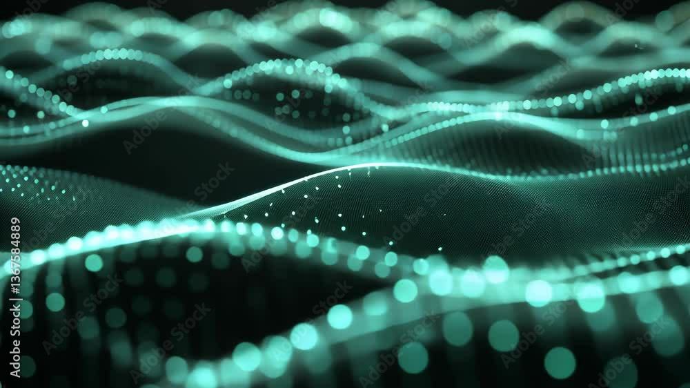 Poster abstract representation of waves and particles illuminated in soft teal tones