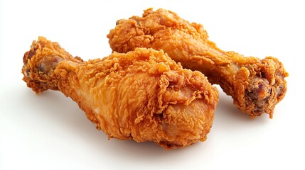 A crispy, golden-brown fried chicken drumstick isolated on a white background, highlighting its textured coating and irresistible appearance.