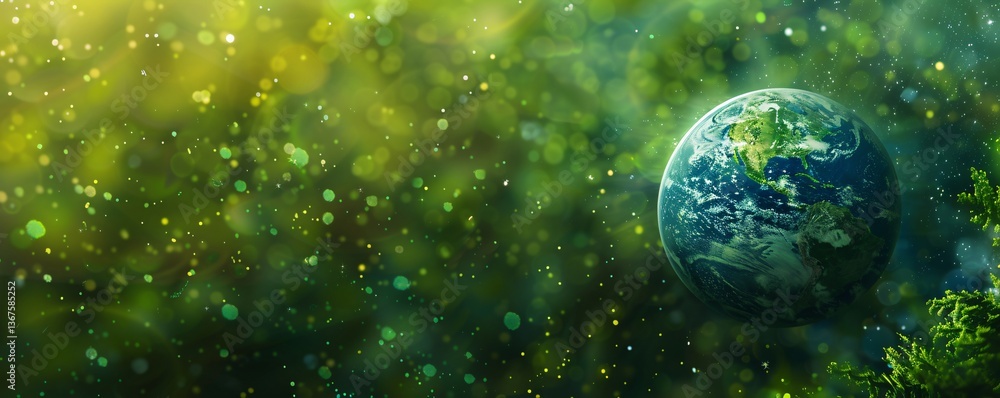 Poster Planet earth is glowing on green background with a bokeh effect for environment conservation, sustainable development and global warming awareness