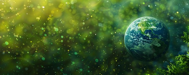 Planet earth is glowing on green background with a bokeh effect for environment conservation, sustainable development and global warming awareness