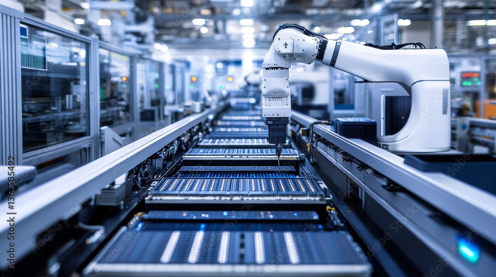 Poster advanced high precision robot arm inside bright electronics factory. component installation on circu