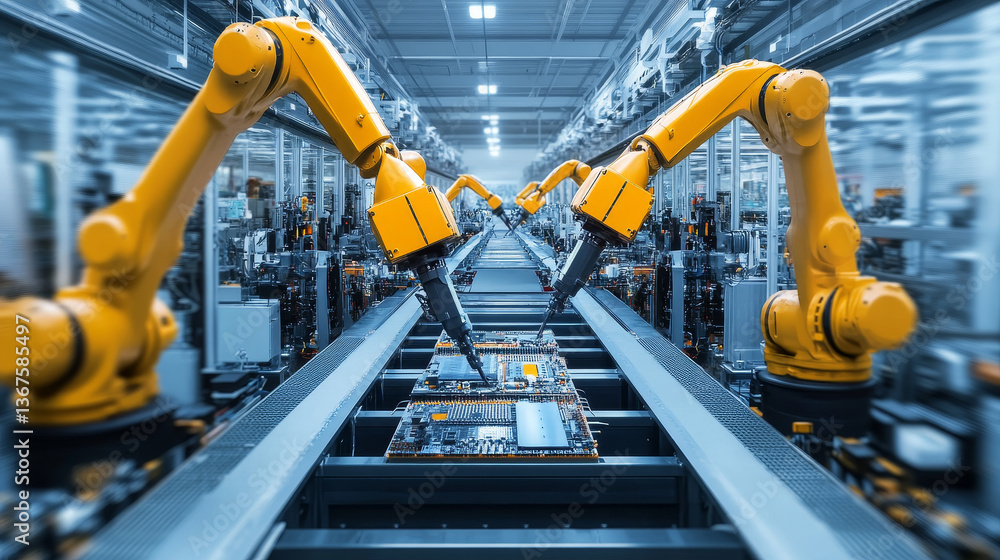 Poster advanced high precision robot arm inside bright electronics factory. component installation on circu