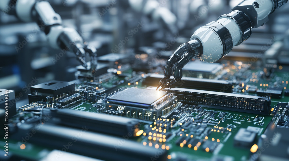 Poster advanced high precision robot arm inside bright electronics factory. component installation on circu