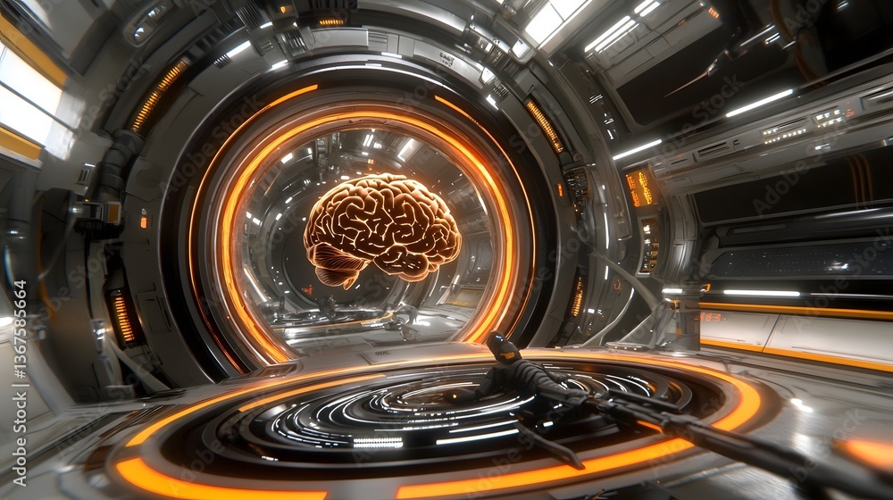 Poster cyborg brain linked to an supercomputer glowing with digital data streams holographic synapse mappin