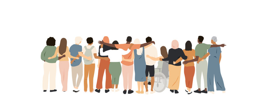 Different people stand side by side together and hug each other.