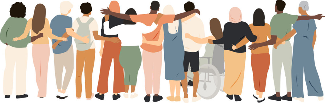 Different people stand side by side together and hug each other.