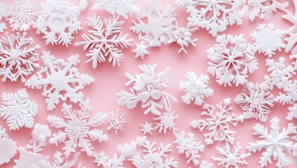 Festive white snowflakes on a soft pink background